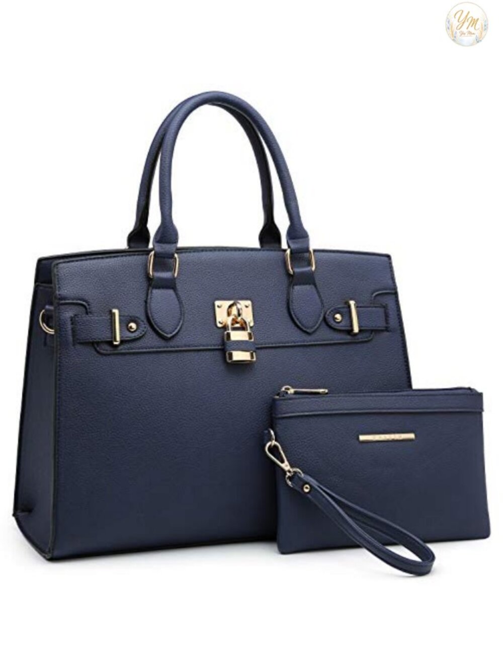 Vegan Leather Satchel Tote with Matching Clutch, Gold Hardware, Adjustable